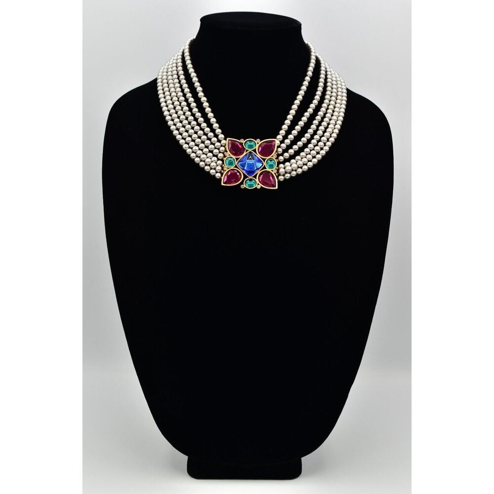 YSL Goosens Vintage Cabochon Necklace Collar Multi-Strand Crystal Signed BinBM - Picture 5 of 16